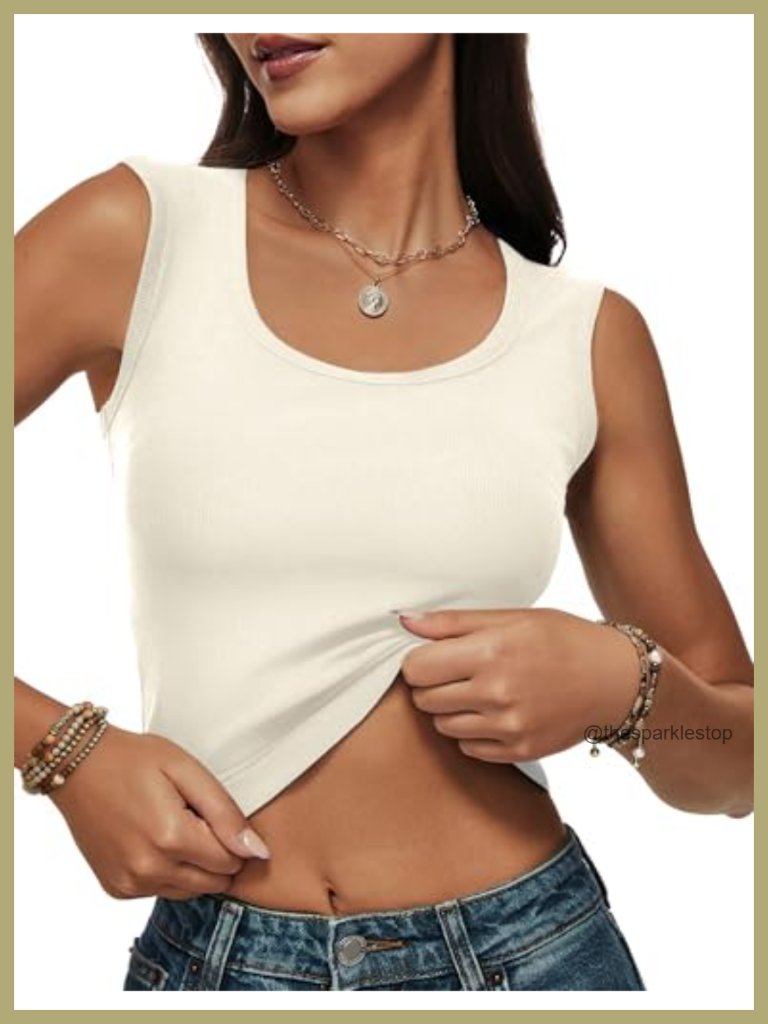 Ribbed Wide Strap Crop Tank Top Scoop Neck Sleeveless Slim Fit Casual Camisole